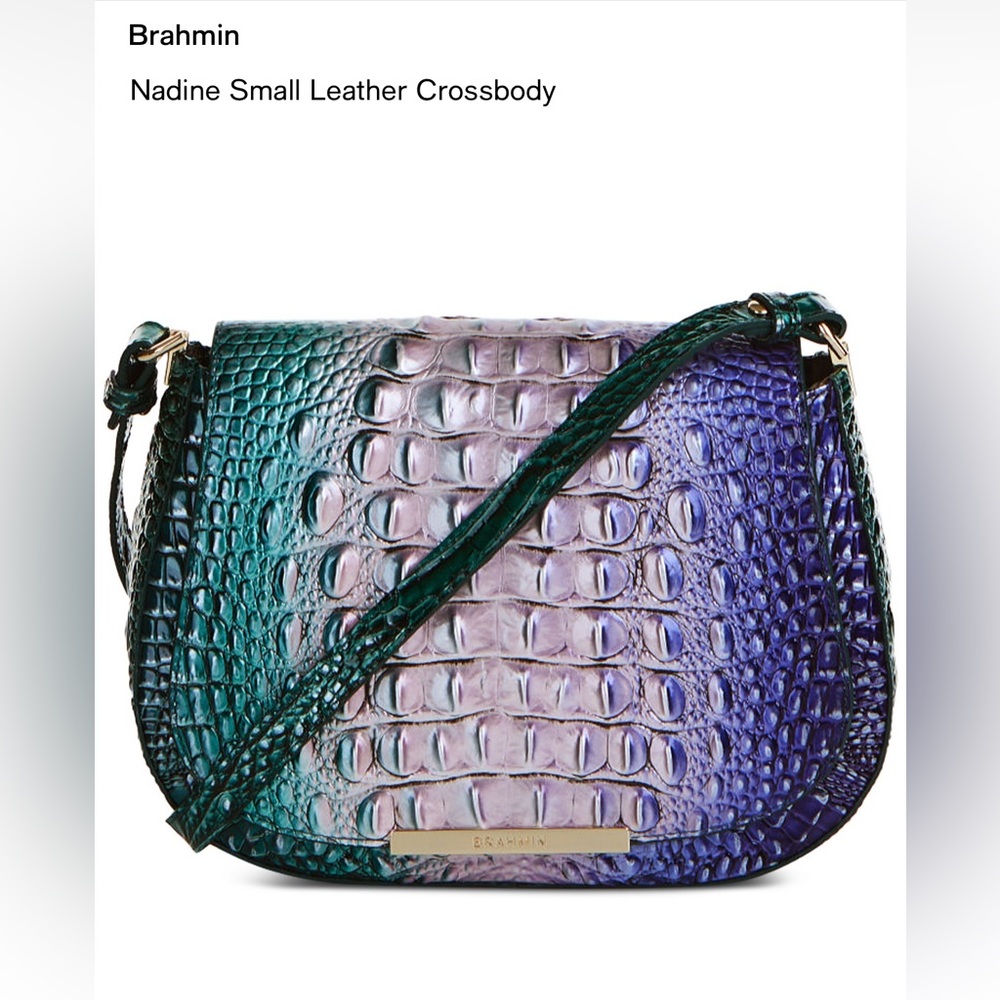 NWT BRAHMIN Must Have Croc Embossed Crossbody Ombre Green & Purple Vibrant